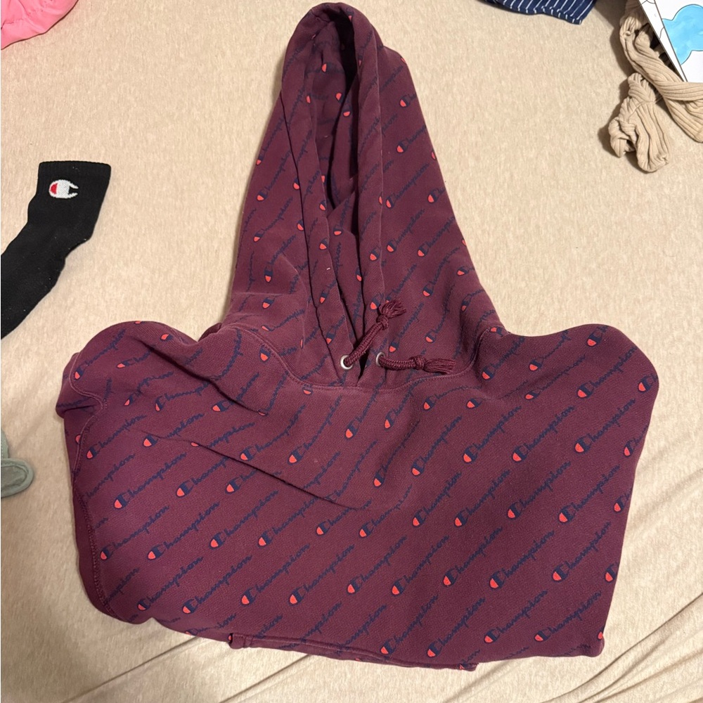 Champion Burgundy Hoodie with Logo Design